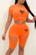Orange Sexy Print Solid Hollowed Out Patchwork O Neck Short Sleeve Two Pieces