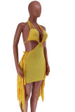 Yellow Sexy Solid Tassel Hollowed Out Halter Pencil Skirt Dresses
