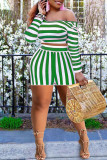 Green Casual Striped Print Patchwork Asymmetrical Collar Plus Size Two Pieces