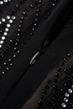 Gold Sexy Solid Patchwork See-through Hot Drill O Neck Pencil Skirt Dresses