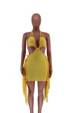 Yellow Sexy Solid Tassel Hollowed Out Halter Pencil Skirt Dresses