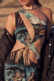 Blue Sexy Print Patchwork One Shoulder Pencil Skirt Dresses