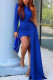 Blue Celebrities Solid Patchwork Asymmetrical Oblique Collar Evening Dress Dresses