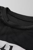 Black Casual Print Patchwork O Neck Short Sleeve Two Pieces