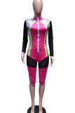 Rose Red Sexy Solid Patchwork See-through Zipper Collar Regular Rompers