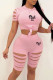 Pink Sexy Print Solid Hollowed Out Patchwork O Neck Short Sleeve Two Pieces