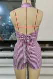 Purple Fashion Sexy Striped Print Bandage Patchwork Backless Turn-back Collar Sleeveless Two Pieces