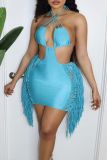 Yellow Sexy Solid Tassel Hollowed Out Halter Pencil Skirt Dresses