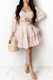 Pink Sweet Solid Bandage Patchwork Flounce Asymmetrical Square Collar A Line Dresses