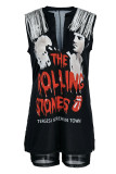 Black Casual Print Tassel Patchwork V Neck Sleeveless Two Pieces