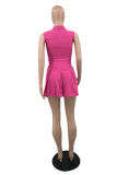 Rose Red Fashion Solid Patchwork Turndown Collar Sleeveless Two Pieces
