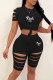 Black Sexy Print Solid Hollowed Out Patchwork O Neck Short Sleeve Two Pieces