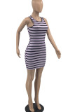 Purple Casual Striped Print Patchwork O Neck Vest Dress Dresses