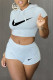 Light Gray Fashion Sportswear Print Patchwork Hooded Collar Short Sleeve Two Pieces