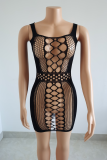 Black Sexy Solid Hollowed Out Mesh Spaghetti Strap Pencil Skirt Dresses