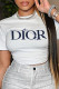 White Fashion Daily Print Patchwork Letter O Neck T-Shirts