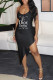 Black Fashion Sexy Print Letter Spaghetti Strap Irregular Dress Dresses