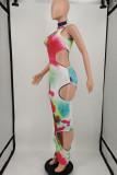 Multicolor Sexy Print Hollowed Out Patchwork Asymmetrical O Neck One Step Skirt Dresses