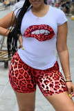 Red Casual Print Patchwork O Neck Short Sleeve Two Pieces