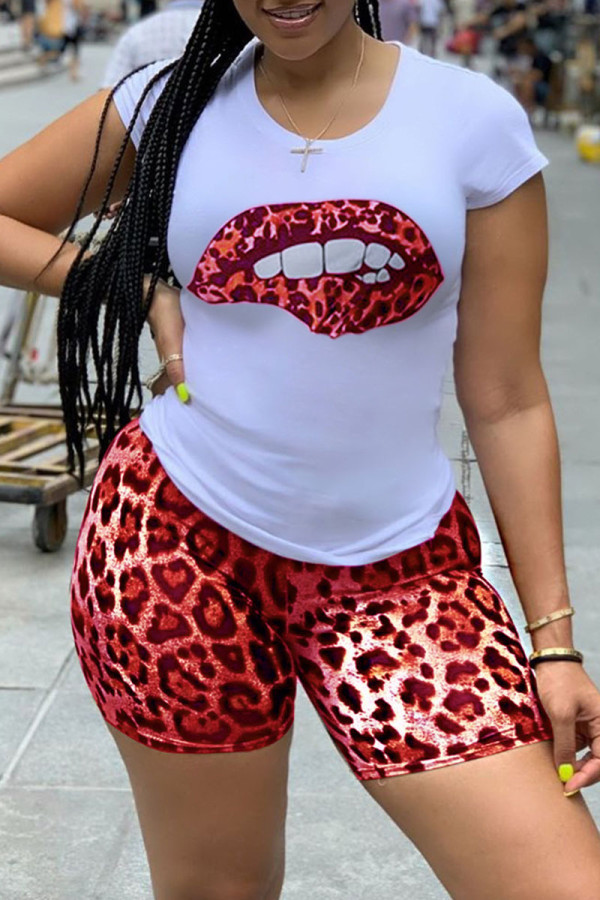 Red Casual Print Patchwork O Neck Short Sleeve Two Pieces