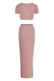 Pink Sexy Solid Hollowed Out Patchwork O Neck Short Sleeve Two Pieces