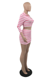 Pink Fashion Striped Patchwork Turndown Collar Long Sleeve Two Pieces