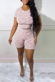 Pink Fashion Patchwork Backless O Neck Short Sleeve Two Pieces