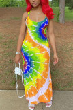 Blue Fashion Sexy adult Ma'am Red Blue Yellow Spaghetti Strap Sleeveless Slip Swagger Ankle-Length Print Tie and dye Dresses