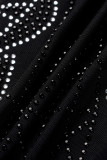 Gold Sexy Solid Patchwork See-through Hot Drill O Neck Pencil Skirt Dresses