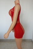 Rose Red Sexy Solid Hollowed Out Mesh Spaghetti Strap Pencil Skirt Dresses