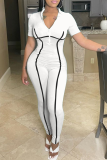 White Sexy Solid Patchwork Turndown Collar Skinny Jumpsuits
