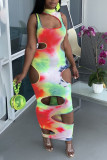 Multicolor Sexy Print Hollowed Out Patchwork Asymmetrical O Neck One Step Skirt Dresses