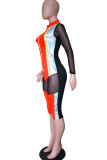 Rose Red Sexy Solid Patchwork See-through Zipper Collar Regular Rompers