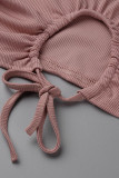 Pink Sexy Solid Hollowed Out Patchwork O Neck Short Sleeve Two Pieces
