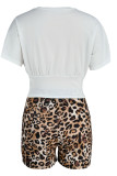 Leopard Print Casual Print Patchwork O Neck Short Sleeve Two Pieces