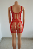 Rose Red Sexy Solid Hollowed Out Mesh Spaghetti Strap Pencil Skirt Dresses