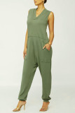 White Casual Solid Patchwork Pocket V Neck Loose Jumpsuits