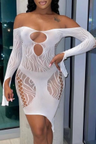 White Sexy Solid Lace Mesh Off the Shoulder Pencil Skirt Dresses