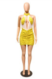 Yellow Sexy Patchwork Sequins See-through Backless Halter Sleeveless Dress Dresses