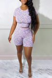Pink Fashion Patchwork Backless O Neck Short Sleeve Two Pieces