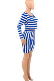 Blue Casual Striped Print Patchwork Asymmetrical Collar Plus Size Two Pieces