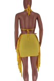 Yellow Sexy Solid Tassel Hollowed Out Halter Pencil Skirt Dresses