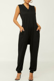 White Casual Solid Patchwork Pocket V Neck Loose Jumpsuits