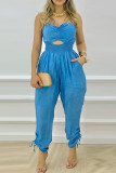 Blue Sexy Solid Hollowed Out Patchwork Strapless Straight Jumpsuits