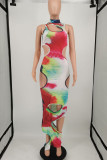Multicolor Sexy Print Hollowed Out Patchwork Asymmetrical O Neck One Step Skirt Dresses