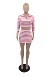 Pink Fashion Striped Patchwork Turndown Collar Long Sleeve Two Pieces