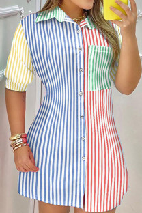 Stripe Casual Print Split Joint Buckle Turndown Collar Dresses