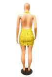 Yellow Sexy Patchwork Sequins See-through Backless Halter Sleeveless Dress Dresses