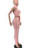 Pink Sexy Solid Patchwork Backless Asymmetrical Turtleneck Sleeveless Two Pieces