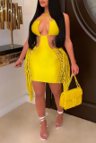 Yellow Sexy Solid Tassel Hollowed Out Halter Pencil Skirt Dresses